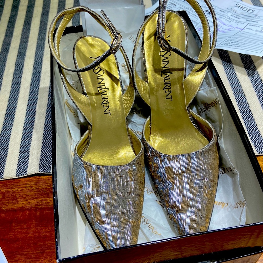 VINTAGE Pepita style YSL heels with ankle strap silver/ brown